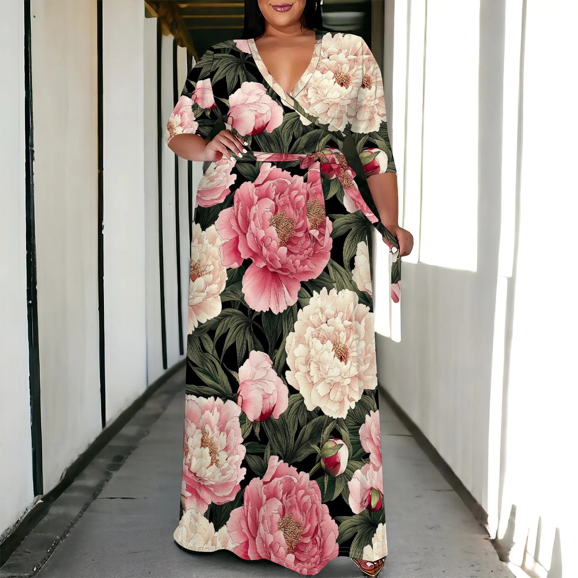 Women's Plus Size Long Maxi Wrap Dresses V Neck 3/4 Sleeve Summer Sundress with Belt