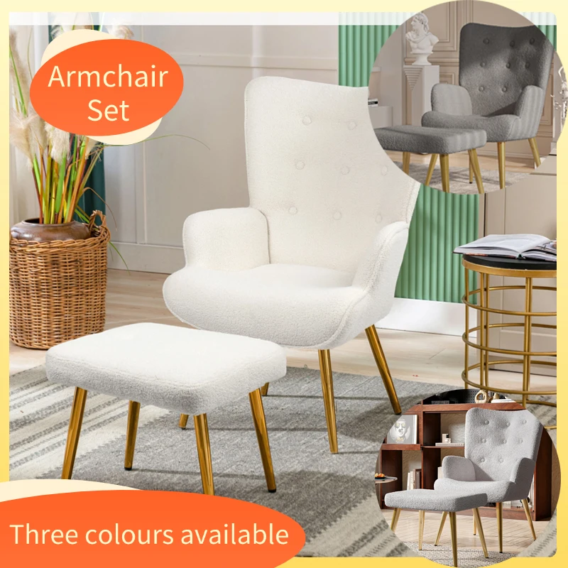 Creahappy Desk Chair with Armrests and Fabric Footstool — Elegant Wool Chair — Modern Bedroom Chair