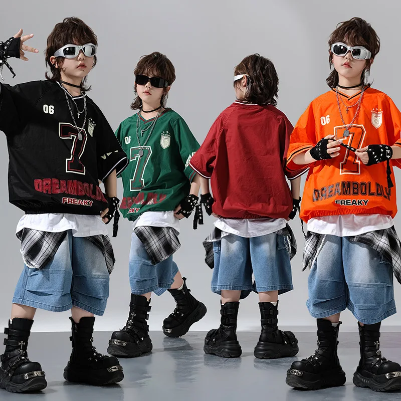 Hip Hop Boys Colorful T-shirt Loose Denim Pants Girls Street Dance K-pop Jeans Costume Children Streetwear Kids Jazz Clothes Set