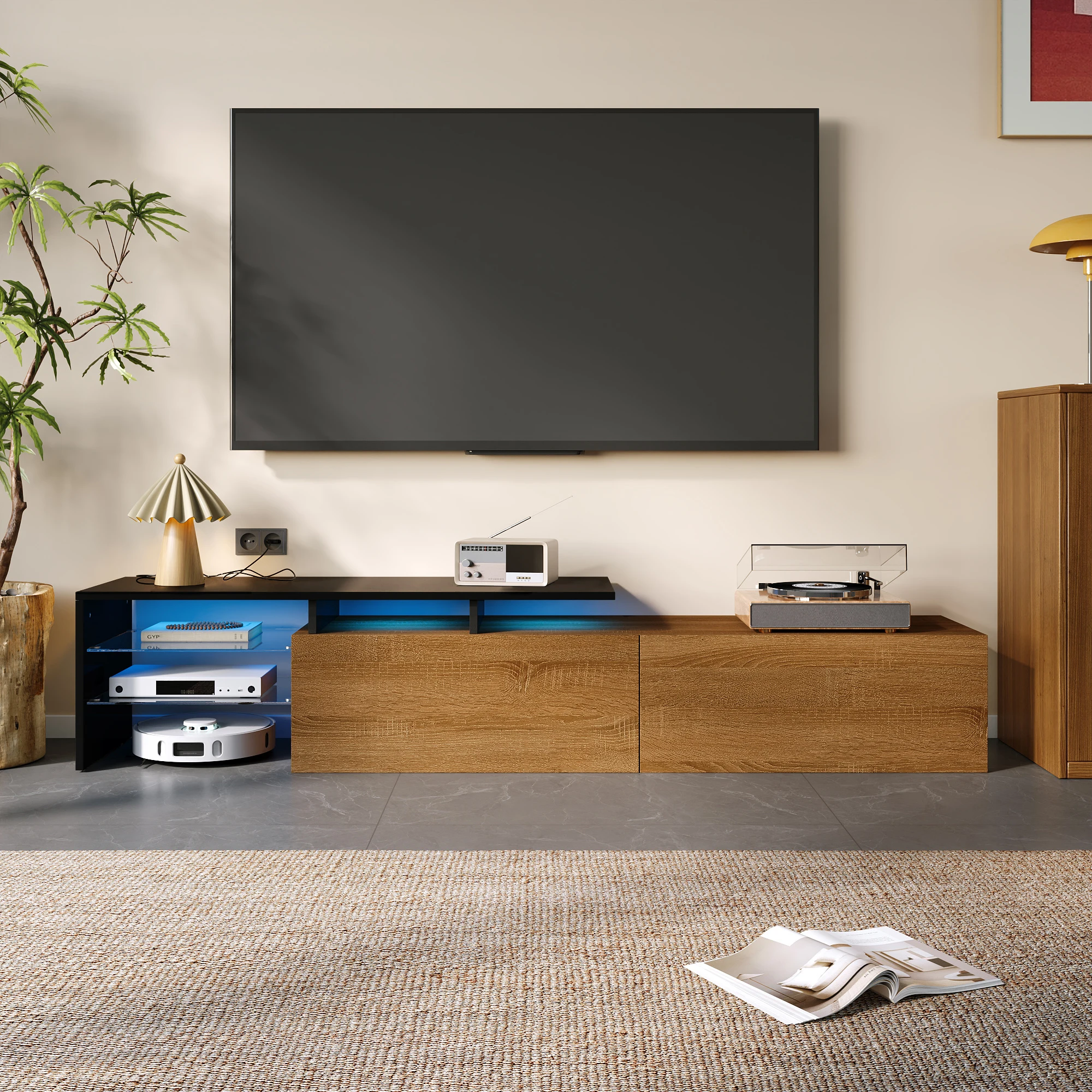 PINGGO Modern TV Cabinet Design: Stylish And Elegant Practical Storage Space Black And Wood Look Glass Shelves LED Lighting