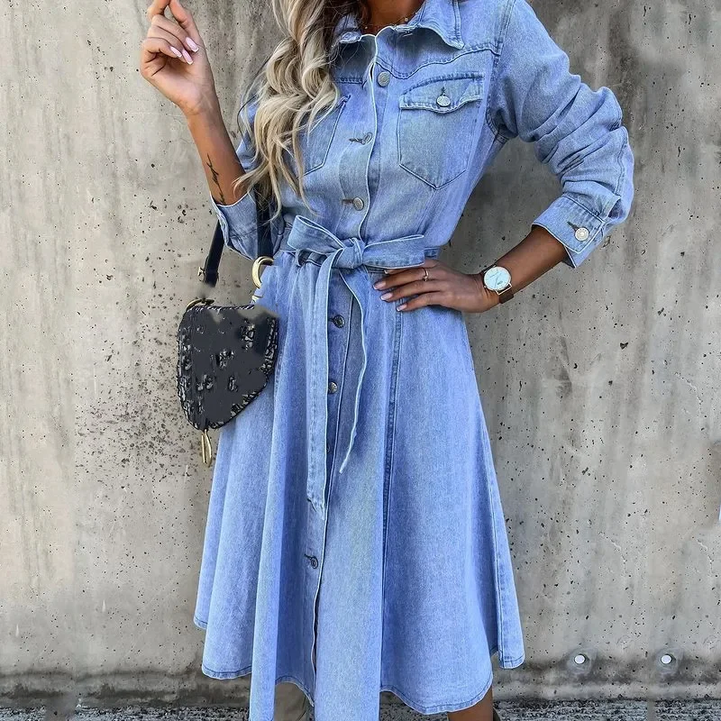 Fall Winter High Waist Casual Denim Dress with Pocket Turn-down Collar Midi Dress Comfortable Regular Fit Women's Dress