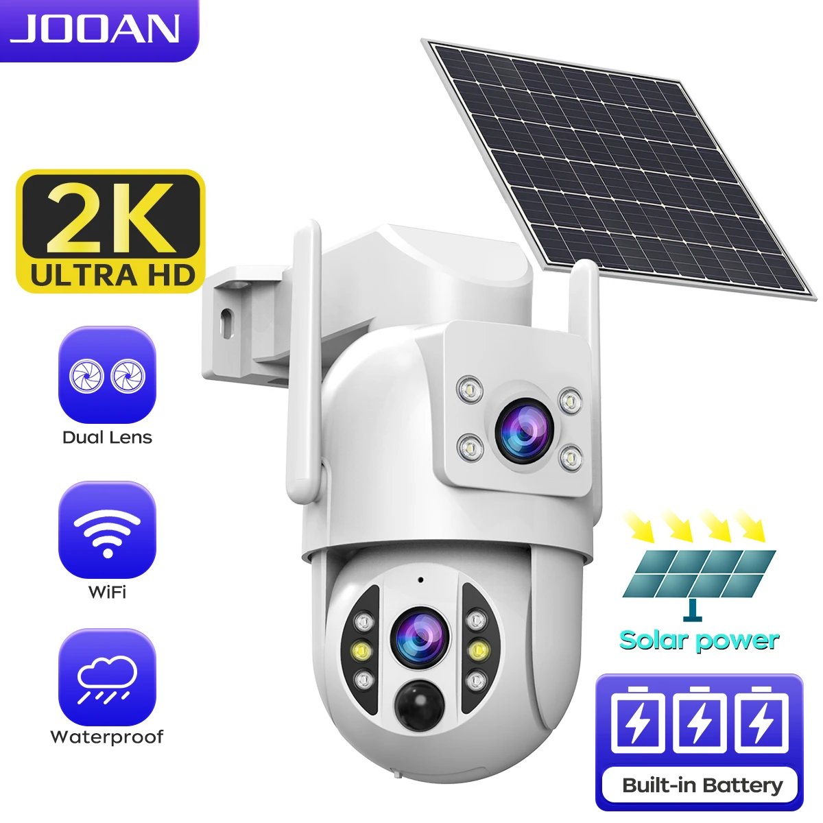 JOOAN 2K 4K Wireless Solar Camera Outdoor WiFi Dual Lens Battery IP Cam Human Detect 2-Way Audio CCTV Monitor Video Surveillance