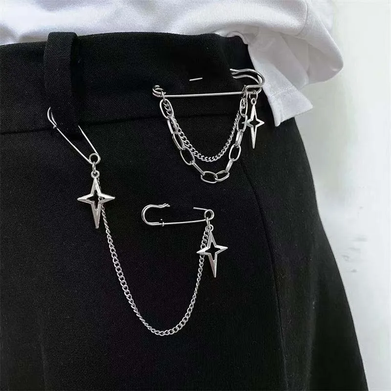 Fashion Metal Star Chain Brooches for Women Men Punk Silver Color Pants Fixed Artifact Large Pin Waist Chain Jewelry Accessories