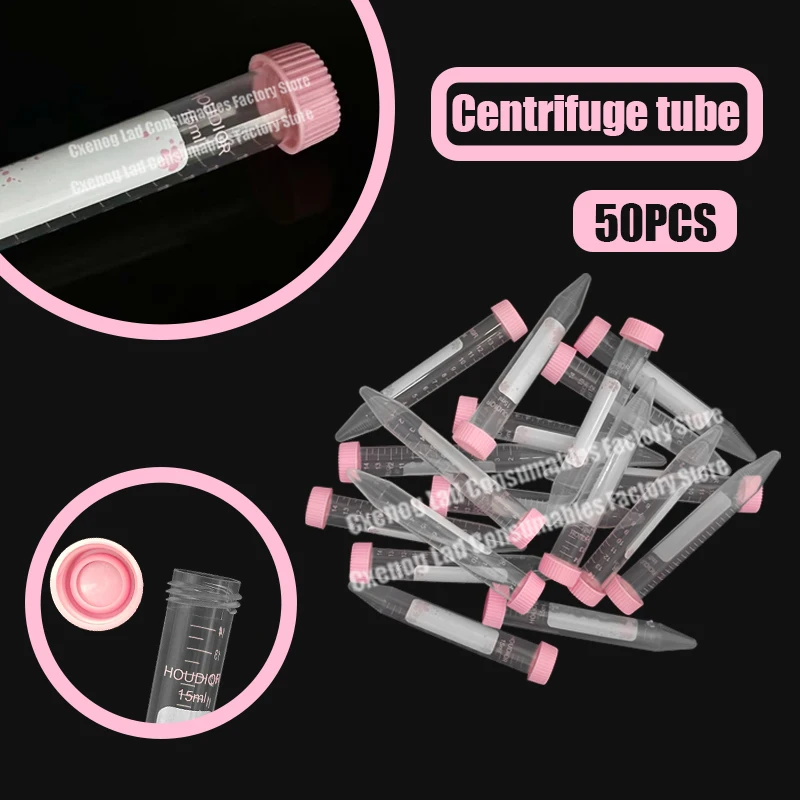 50PCS 15ML Laboratory Centrifuge Tubes Pink Cap Conical Bottom For Sample Collection