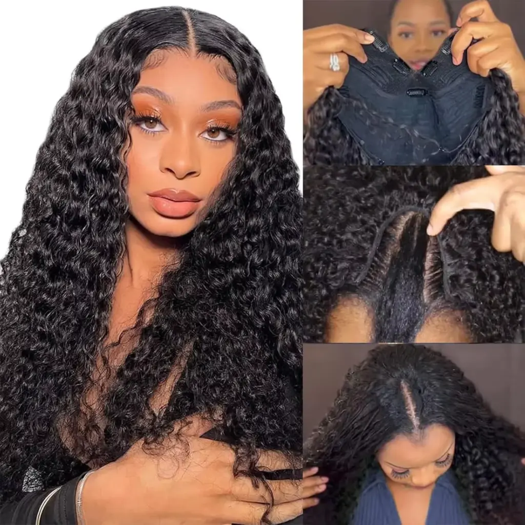 200% Density Curly U V Part Wig Human Hair No Leave Out No Glue Brazilian Deep Curly Wave U Part Human Hair Wig for Women