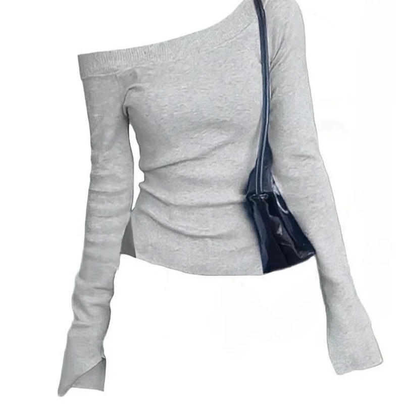 Solid Off Shoulder Long Sleeve T-shirt Women's Skew Collar Slim Fit Slit Basic Plain Tee Shirt Autumn New Hottie Casual Top