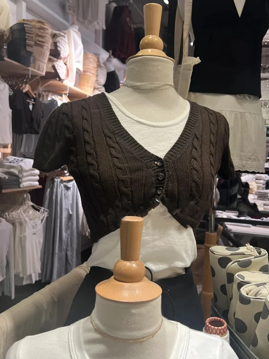 Twist Flower Cropped Cardigan Woman V-neck Single Breasted Short Sleeve Knitted Crop Tops Autumn Sweet Cotton Knitwear y2k