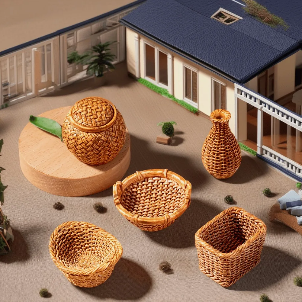 5pcs/set Miniature Bamboo Baskets - Realistic Minihouse Decor,Perfect for Micro Landscapes, Photography Props