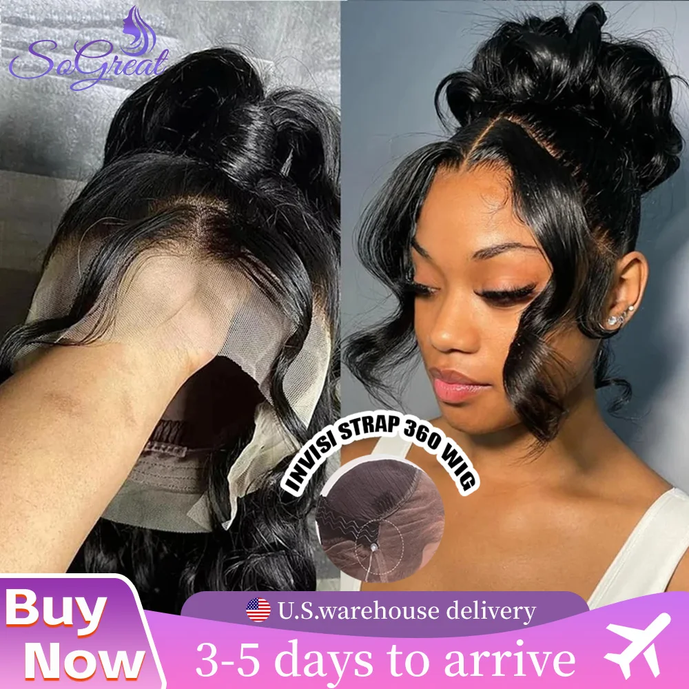 SoGreat 360 Lace Wig Invisible Drawstring Loose Body Wave Body Wave Human Hair Wigs Natural Black Wig Pre-Plucked Brazilian Hair