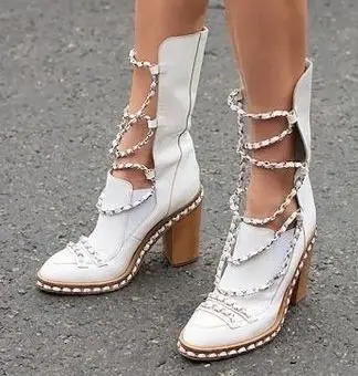 Street Style Metal Chain PU Leather Round Toe Mid-Calf Women Boots Chunky High Heels Slip On Design Large Size Customized Shoes