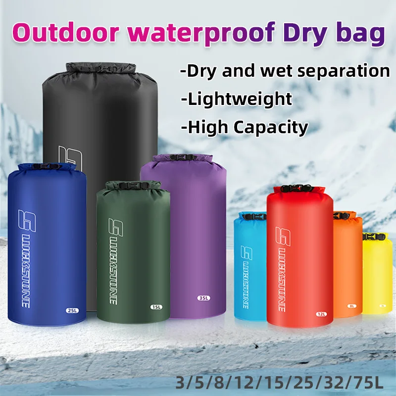 3/8/12/15/25/35/75L Waterproof Dry Bag Sack Ultralight Drifting Swimming Clothes Storage Bag for Camping Boating Hiking Rafting