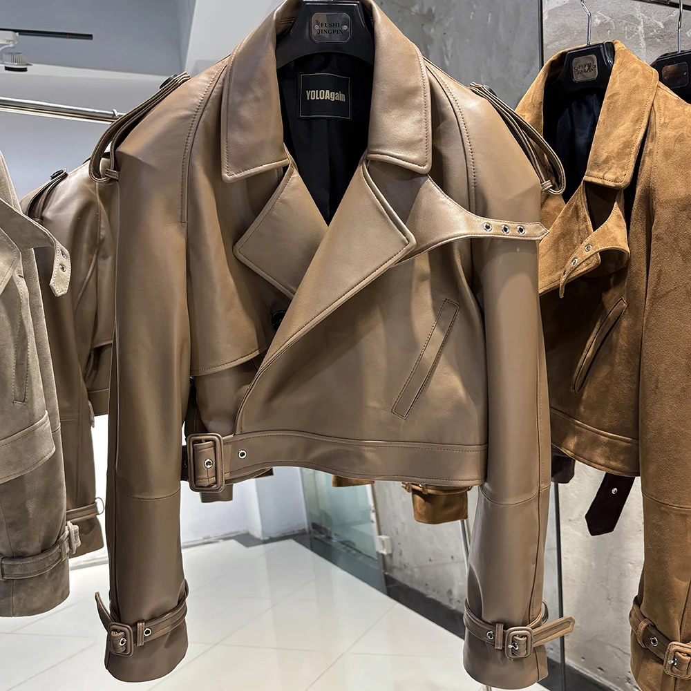 YOLOAgain Wide Shoulder Real Leather Jacket Women Oversized Genuine Leather Cropped Jacket