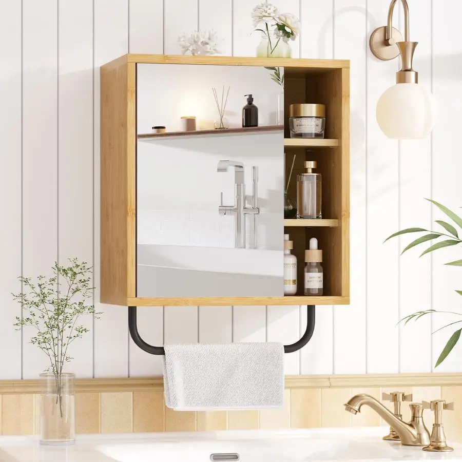 Bathroom Medicine Cabinet with Mirror, Bamboo Medicine Cabinet Wall Mounted, Over The Toilet Storage with Towel Bar for Bathroom