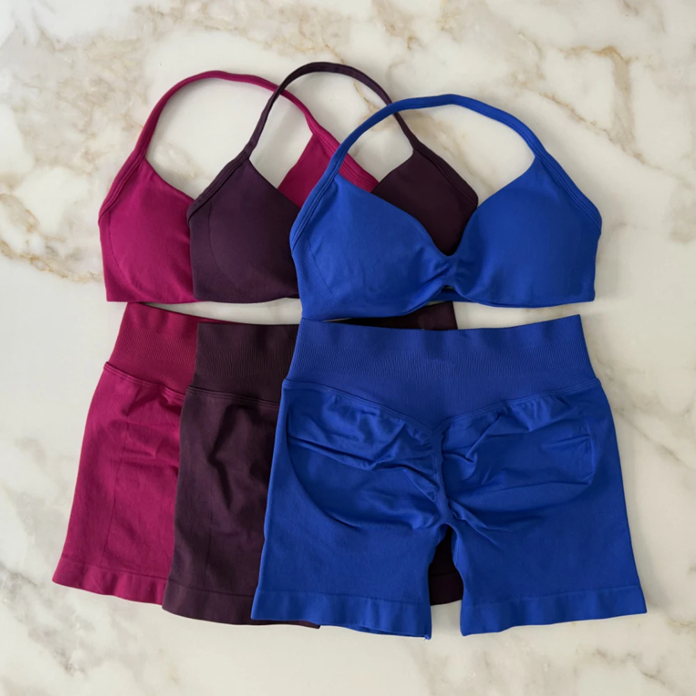 NO LOGO Gym Set Women Strappy Yoga Bra High Waist Workout Scrunch Shorts Sports Suit Fitness Clothes Seamless Yoga Set 2 Piece