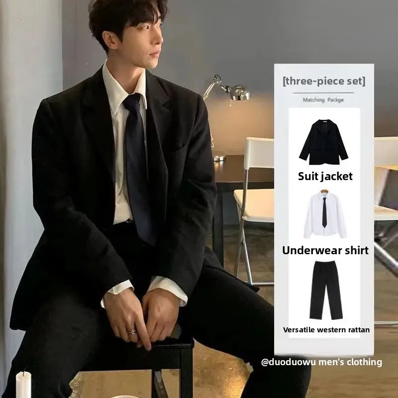 Loose Casual Black Three-Piece Suit for Men Student Version Business Formal Wear for Work Korean Style Lightweight Maturity