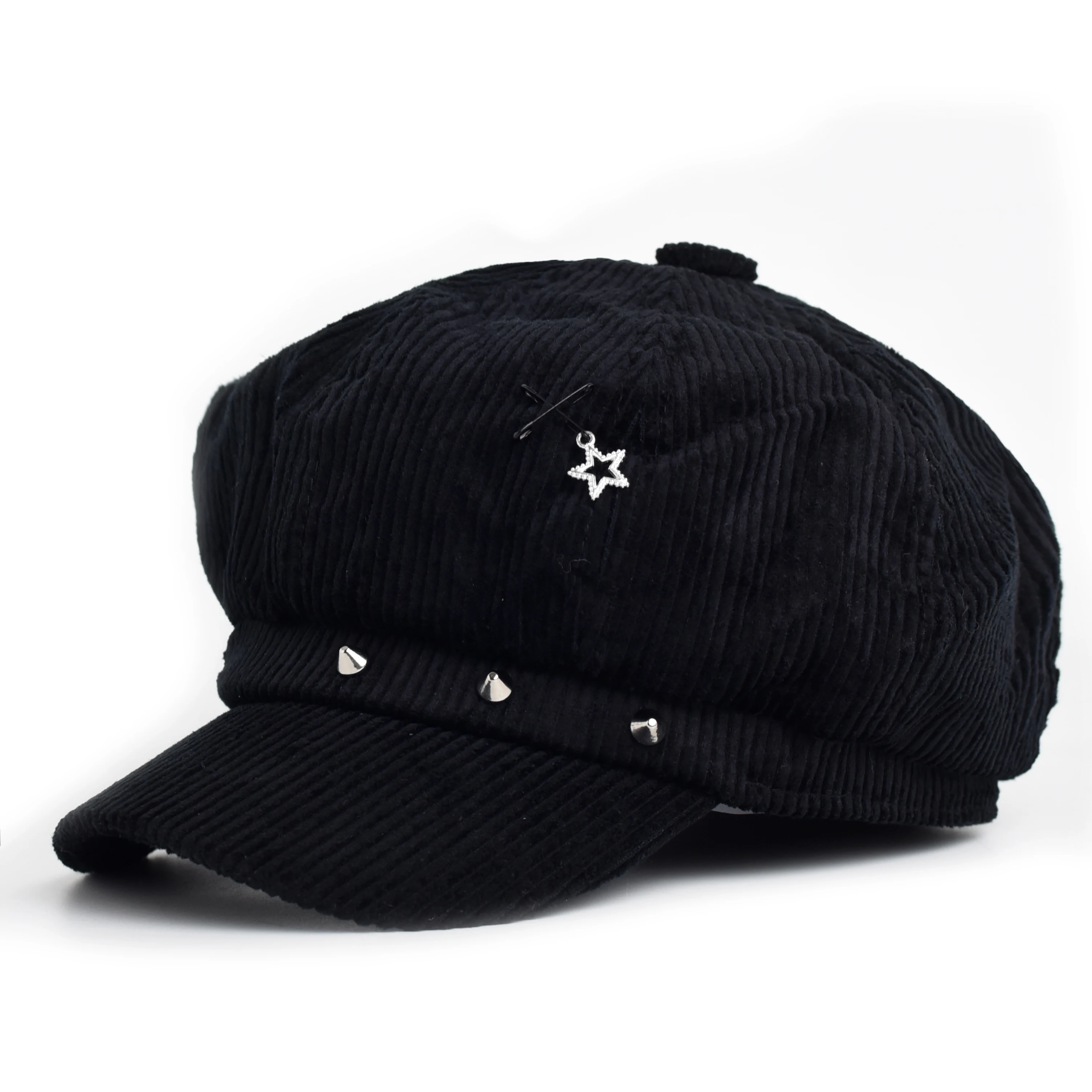 Original Punk Black Y2k Trend Rivet Berets Autumn and Winter Corduroy Mesh Large Version Soft Brim Newsboy Painter Hat for Women