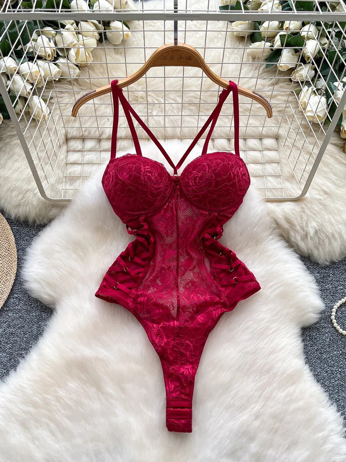 Foamlina Sexy Lace Push Up Bodysuit See Through Mesh Patchwork Sleeveless Slim Thin One Pieces Elegant Women's Strappy Lingerie