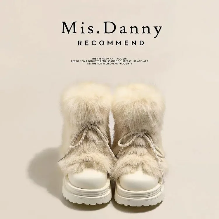 Winter Warm Fashion Fur Anti-Slip Snow Boots Women's Thickened Plush Casual Short Boots Rubber Upper Artificial Leather Lining