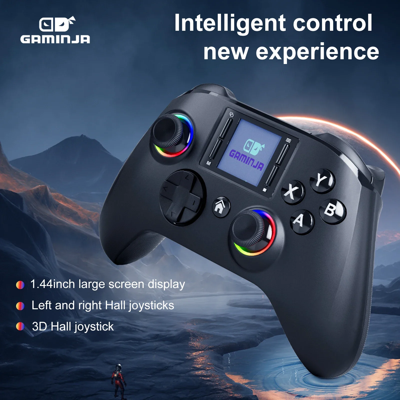 GAMINJA 6162 1.44inch Smart Screen Wireless Controller For Switch P4 iOS Android PC TV Dual Hall Joystick Calibration RGB Light
