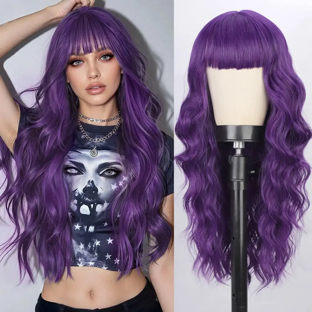 Fashionable purple synthetic wig with big waves for party, Halloween cosplay, everyday use, high-temperature hair silk wig set