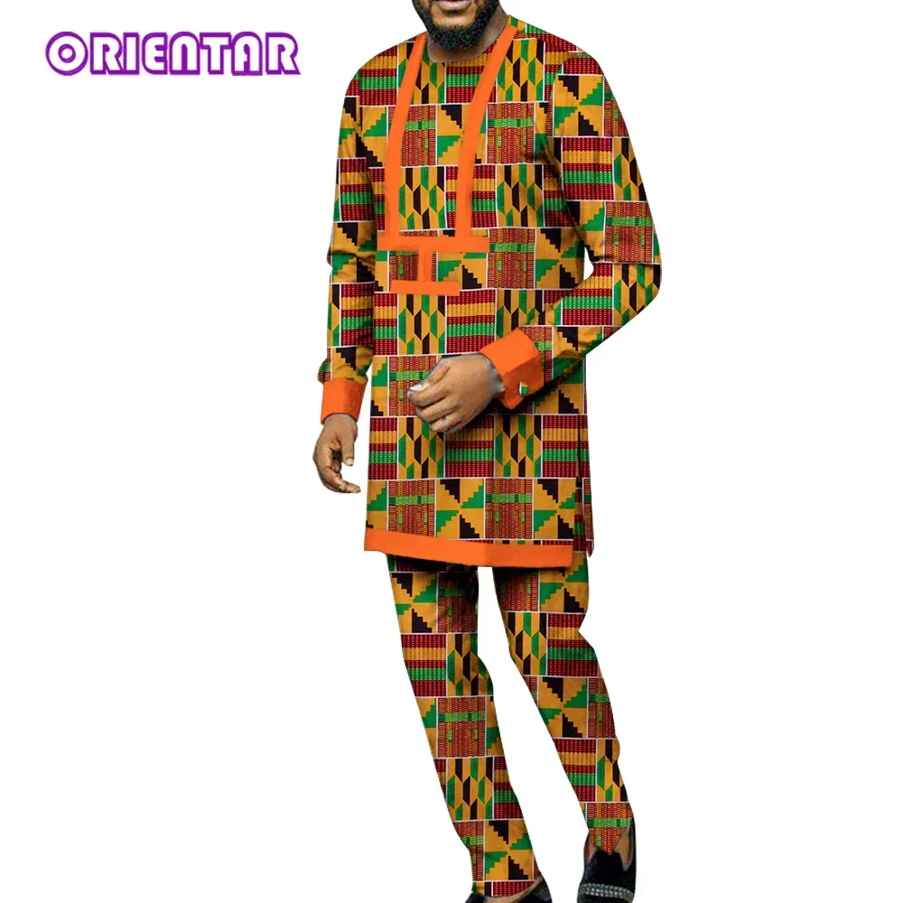2 Pieces Set Men African Clothes Long Sleeve Print Shirt and Pants African Outfits Set Dashiki Bazin Riche Men Suits WYN991