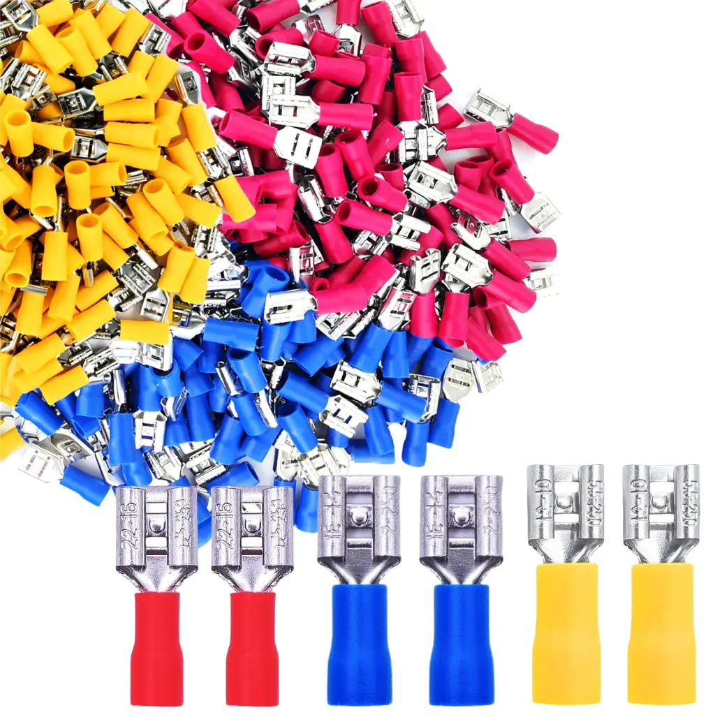 50pcs female vinyl insulated spade connector 22-16 16-14 12-10 awg - 6.3mm 1/4" electrical quick disconnect wire connectors kit