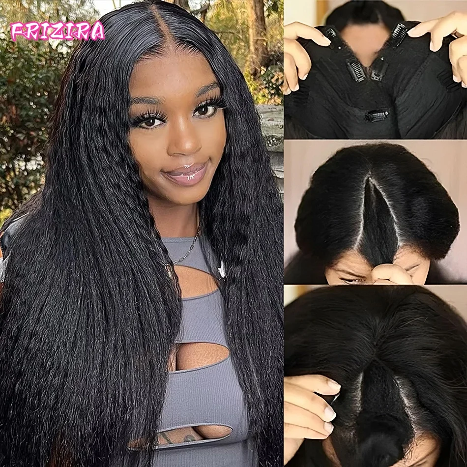 30 32 Inch Long Kinky Straight U Part Wigs Human Hair Wigs 250% Density Daily Use Full Machine Made V Part Yaki Straight Wigs