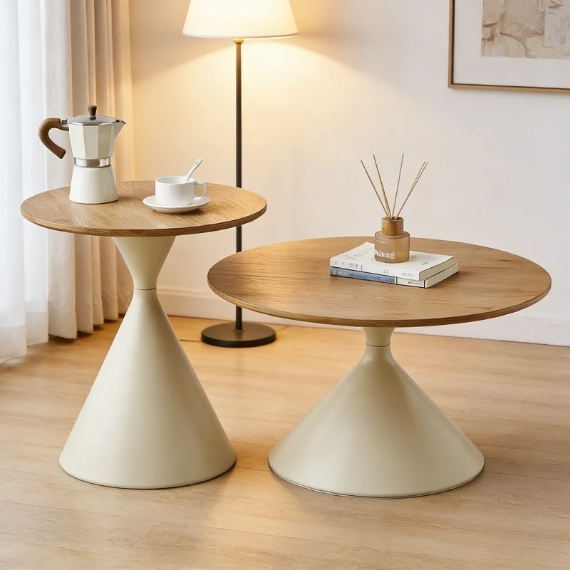 Modern Round Coffee Table Set 2 Pieces Conical Base Pedestal Minimalist Side Table and Coffee Table for Living Room