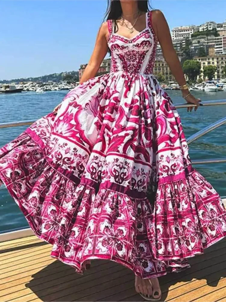 Summer Hot Style Dress Women's New Fashion Bohemian Elegant Light Luxury Mid Length Printed Swing Spaghetti Strap Lady Wear