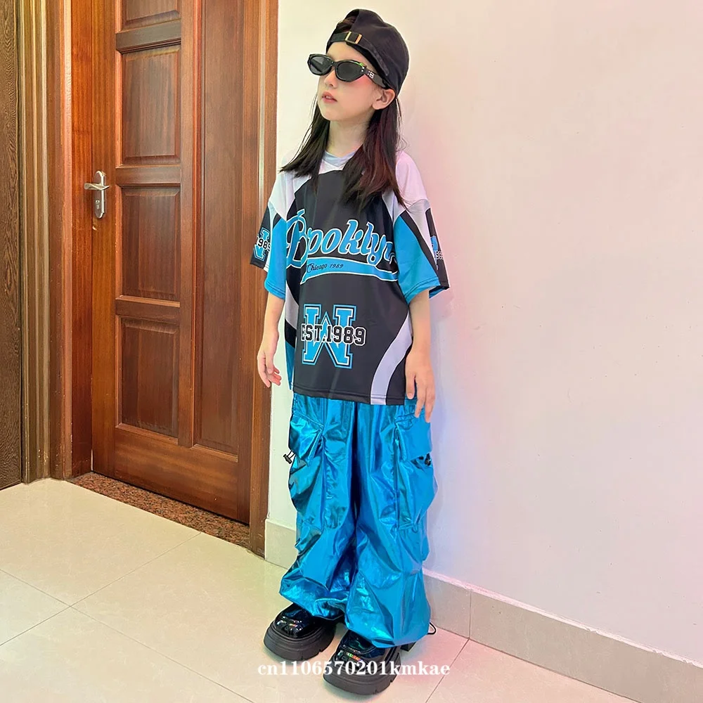 Boy Kids Jazz Fashion Clothes Boy Girl Hip Hop Oversize Tops Pants Runways Show Outfit Cool Bright Blue Street Dance Set Costume