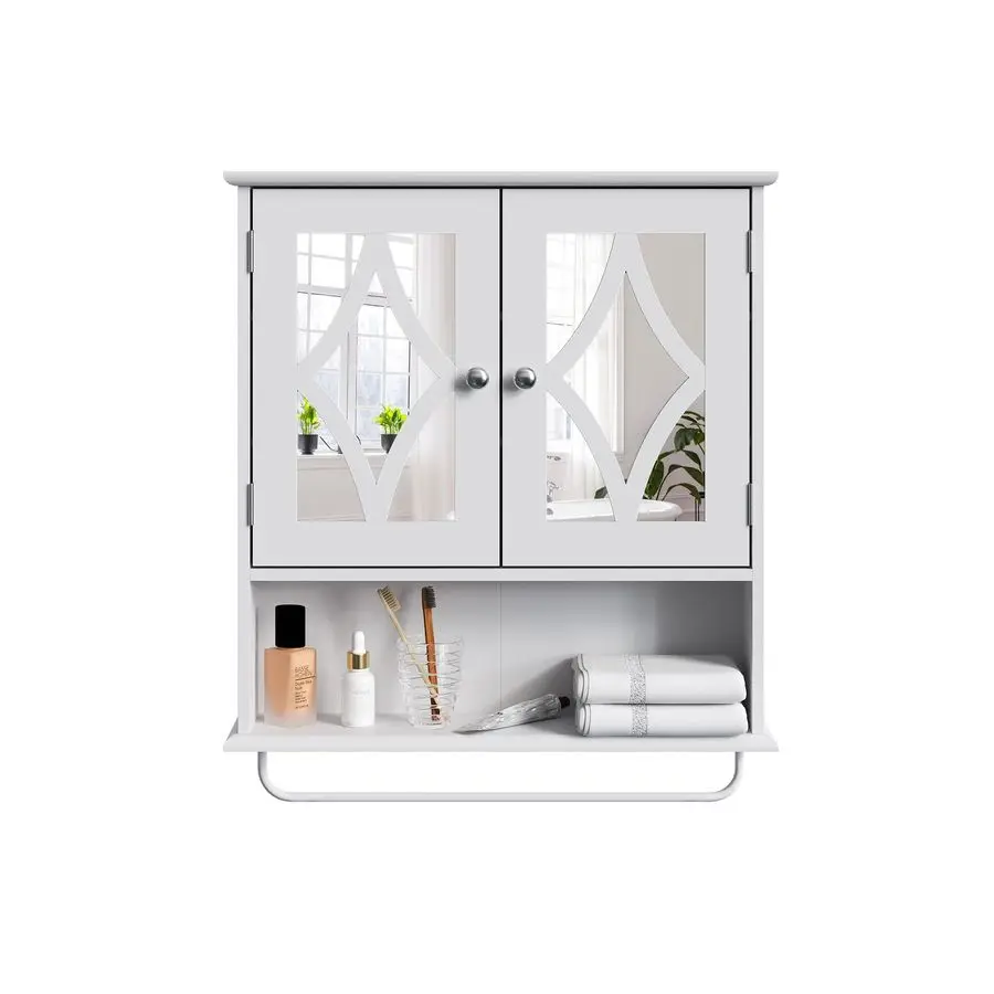 Bathroom Medicine Cabinet with Mirror, Vanity Wall Mounted Storage Cabinet with Adjustable Shelves and Towel Bar, Hanging Wall C