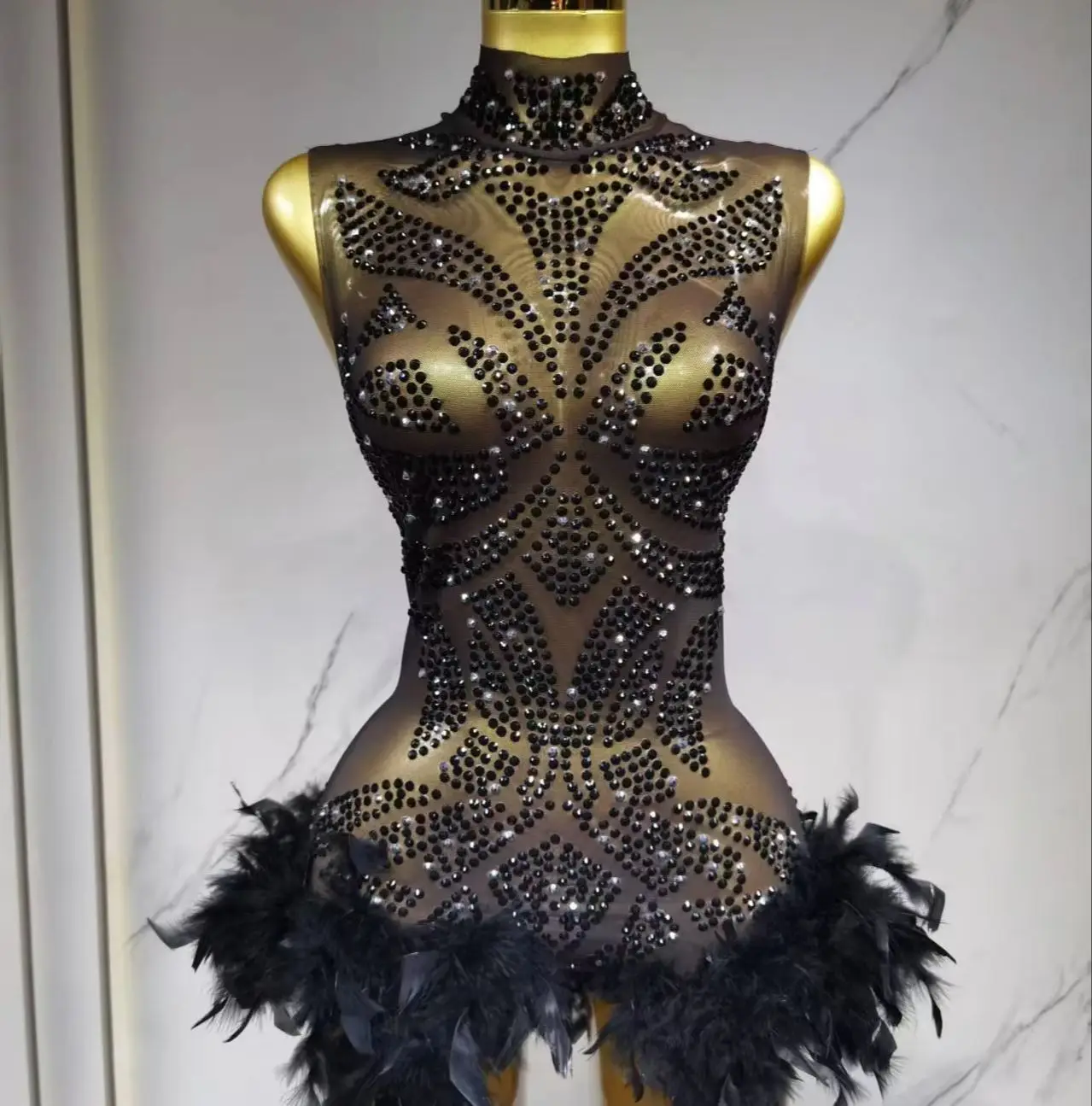 Sexy High Neck Rhinestones Feather Bodysuit for Female Gogo Dancers Nightclub Bar DJ Stage Performance Dance Team Costume 2025