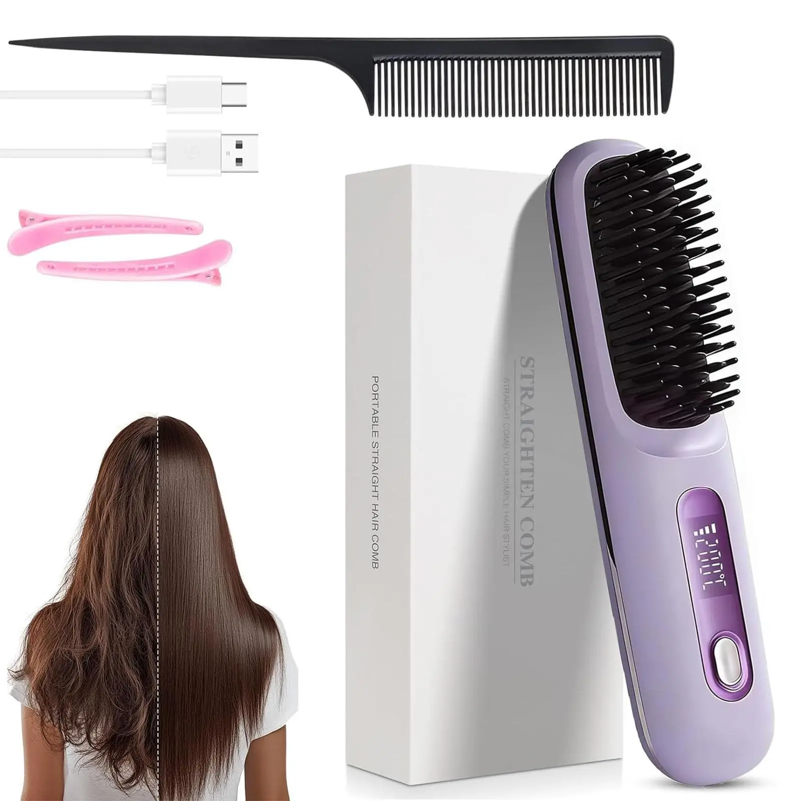 2026 Portable Straightener Brushs for Travel with LCD Temperature Display Fast Heating Cordless Mini Hair Brushs for Women
