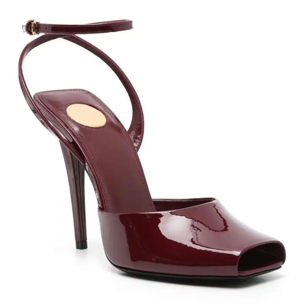 2025 New Square Toe Small Fish Mouth Straight Buckle with Slim High-heeled Fashion Patent Leather Sandals with Straps for Women