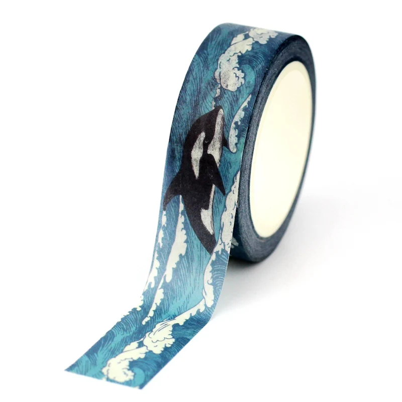 NEW 1PC 10M Decorative Blue Storm Waves and Whales Ocean Washi Tape DIY Journaling Adhesive Masking Tape Stationery
