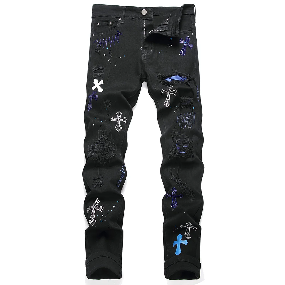 Men Crystal Cross Stretch Denim Jeans Holes Ripped Distressed Black Pants Embroidery Slim Tapered Trousers