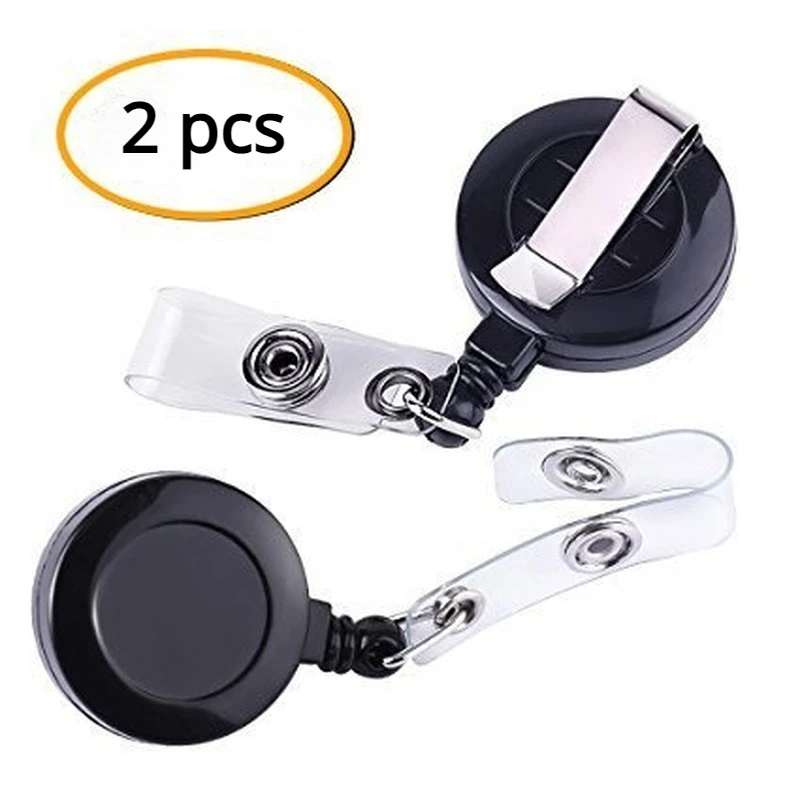 2pcs/set Black Plastic Retractable ID Tag Work Card Clip Badge Reel Pass Access Card Lanyard Belt Clips Office Employee Supplies