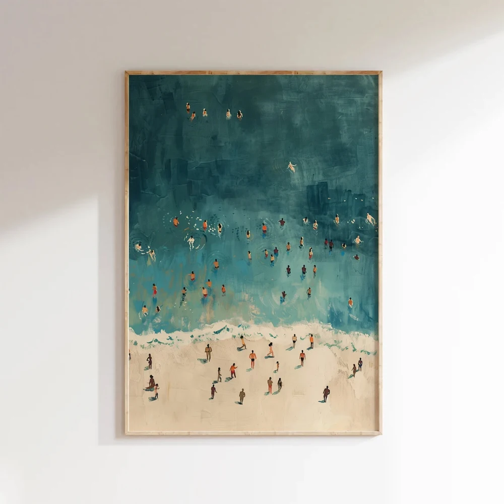 1PC Frameless Summer Tiny People Swimming in Ocean Posters Print Canvas Painting Modern Minimalist Wall Art Bedroom Home Decor