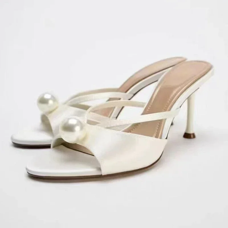 Luxury Satin Thin Heels Sandals Women Pearl Elegant Women Slippers Vacation Concise Summer Slide Female Fashion Dress Shoe Mules