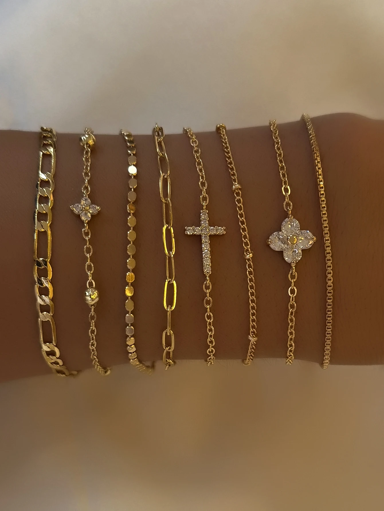 8pcs Elegant Cubic Zirconia Cross & Clover Decor Bracelet Set, Multi-Layer Stackable Bracelets For Women, Daily, Party Jewelry