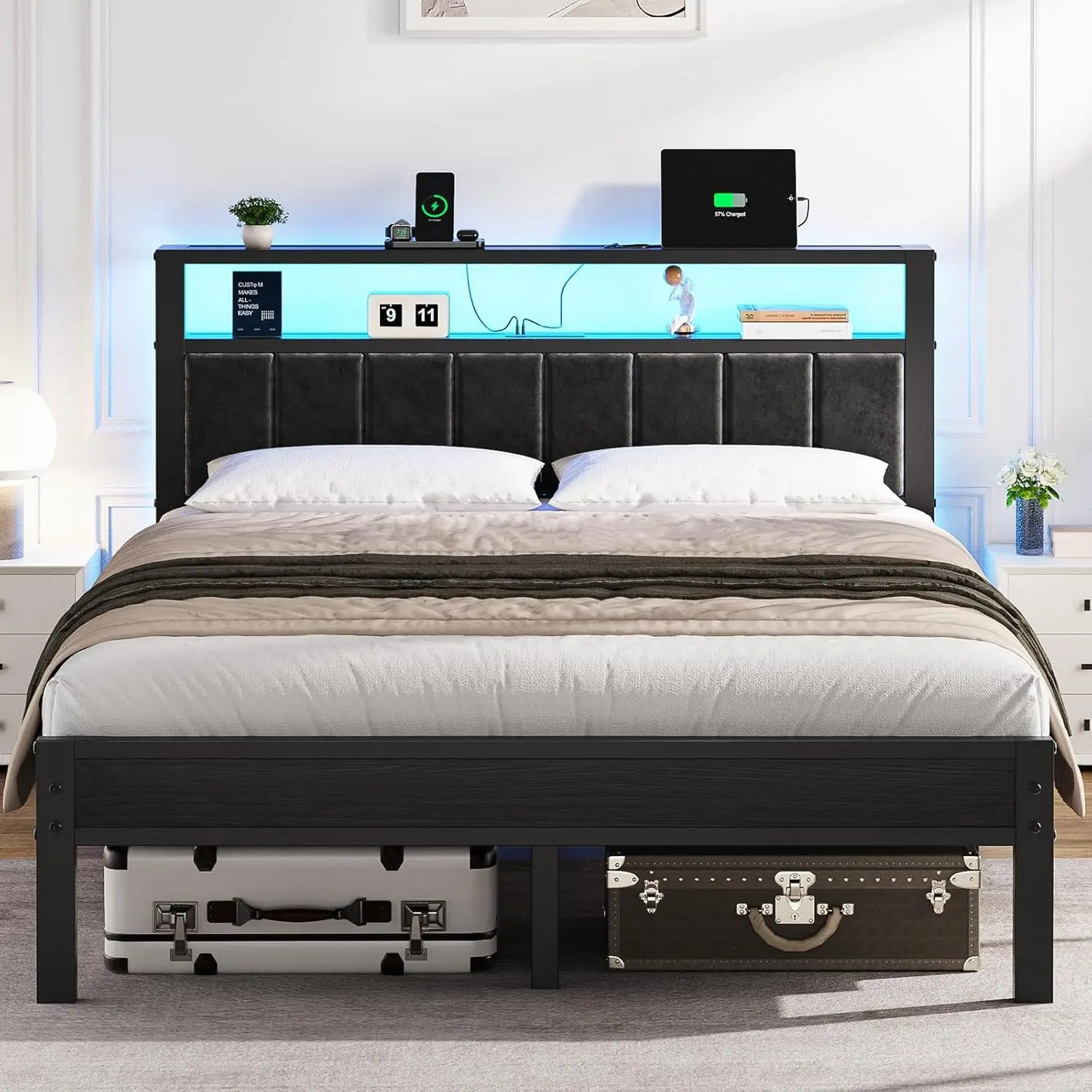 Queen Size LED Bed Frame with Charging Station, Modern Platform Bed with Storage Headboard, No Box Spring Needed