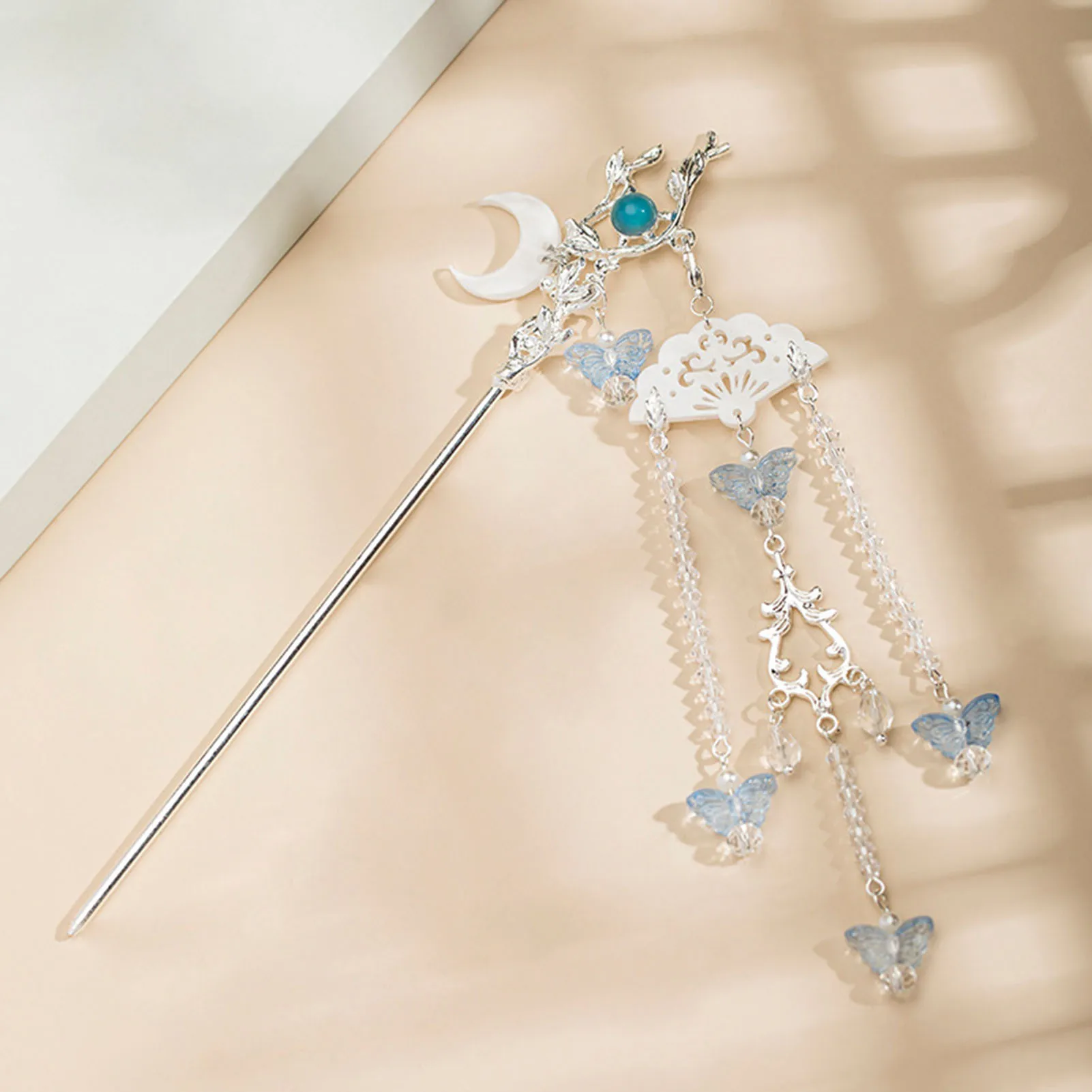 Retro Chinese Style Hair Pin Silver Color Alloy Hair Sticks Forks Blue Butterfly Moon Designs Crystal Beads Pendant Hair Jewelry