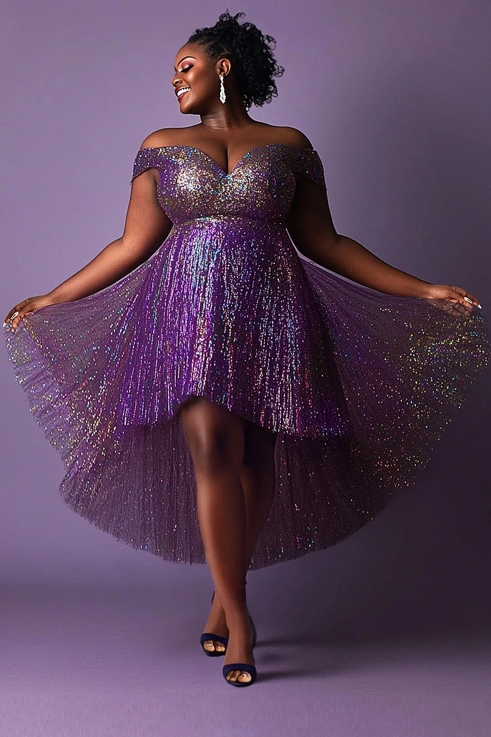 Plus Size Women's Party Purple Elegant Off The Shoulder High Low Hem Tulle Mini Dresses