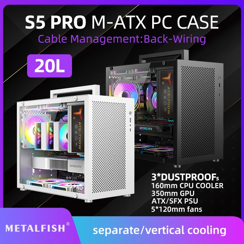 METALFISH S5 PRO 20L Computer Case Gaming PC Chassis Support MATX/ITX SFX/ATX PSU 160mm Tower /180 WaterCooling Cooler