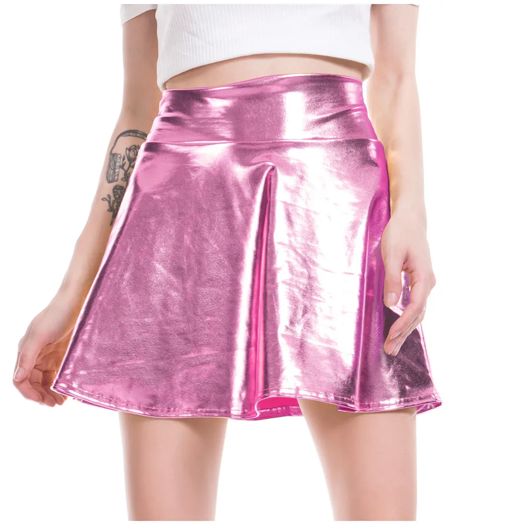 Girls' Fashion Bright High Street Casual Shiny Flared Pleated A-Line Mini Skirt Preppy Style Versatile Elastic High Waist Dress