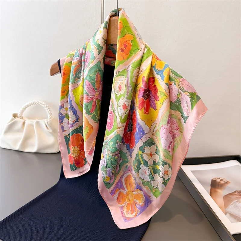 2026 New Fashion Scarf Fresh Oil Painting High-end Printing Silk Scarf Women Silk Square Scarves Shawl Versatile Neck Headscarf