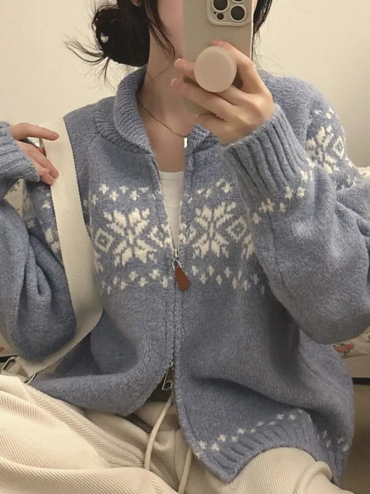 Retro Fair Isle Knitted Sweater Coat Women's Long Sve Double Zipper Lazy Sle Autumn Winter Outerwear Soft Gentle Wind