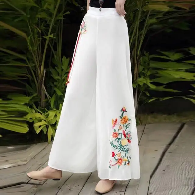 2026 summer Chinese style white chiffon embroidered wide leg pants high waist wide leg chiffon hanfu dress pants for women