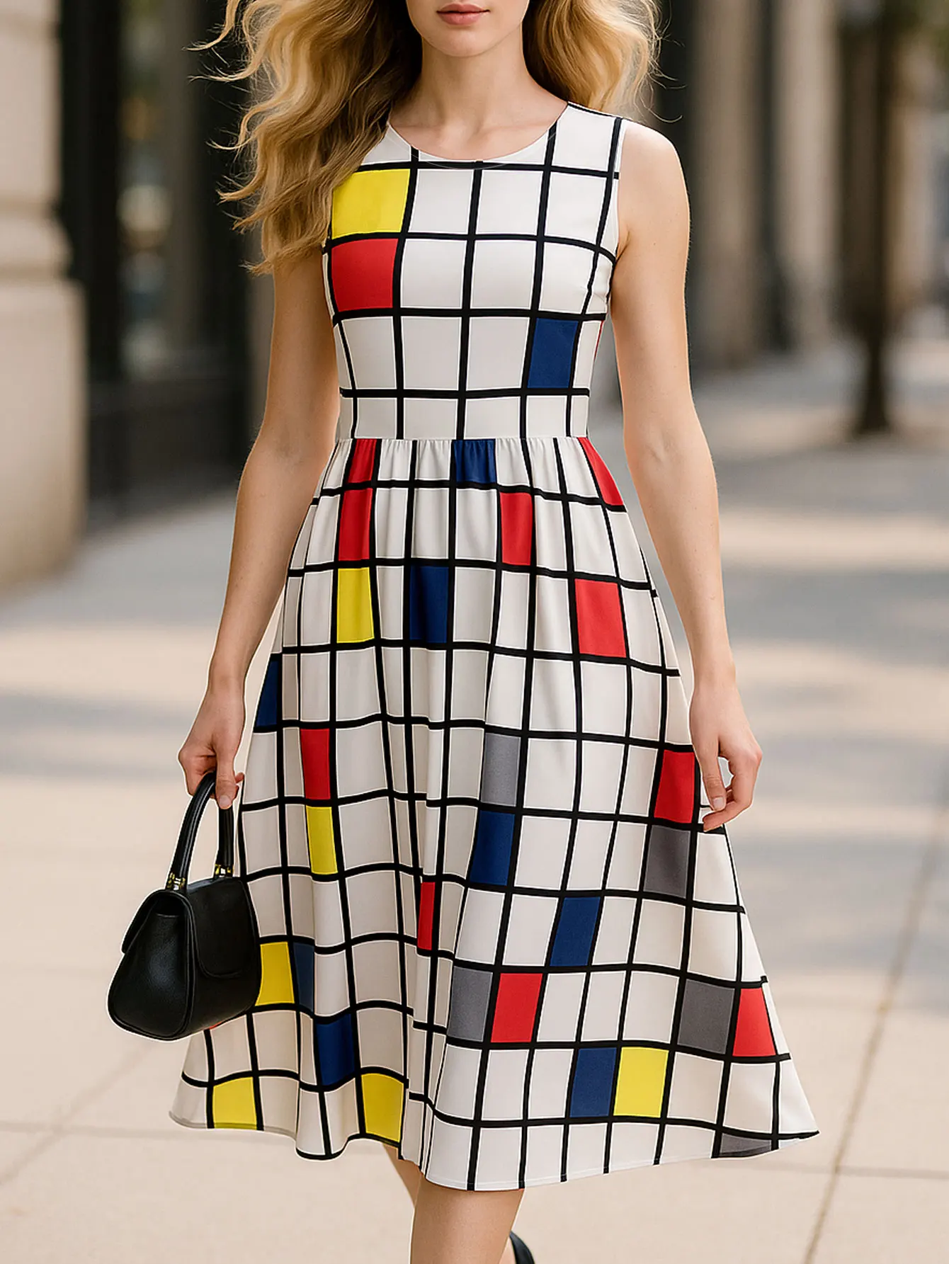 Womens Summer Sleeveless Geometric A-Line Vintage Print Casual Party Slim Fit And Flare Swing Dress