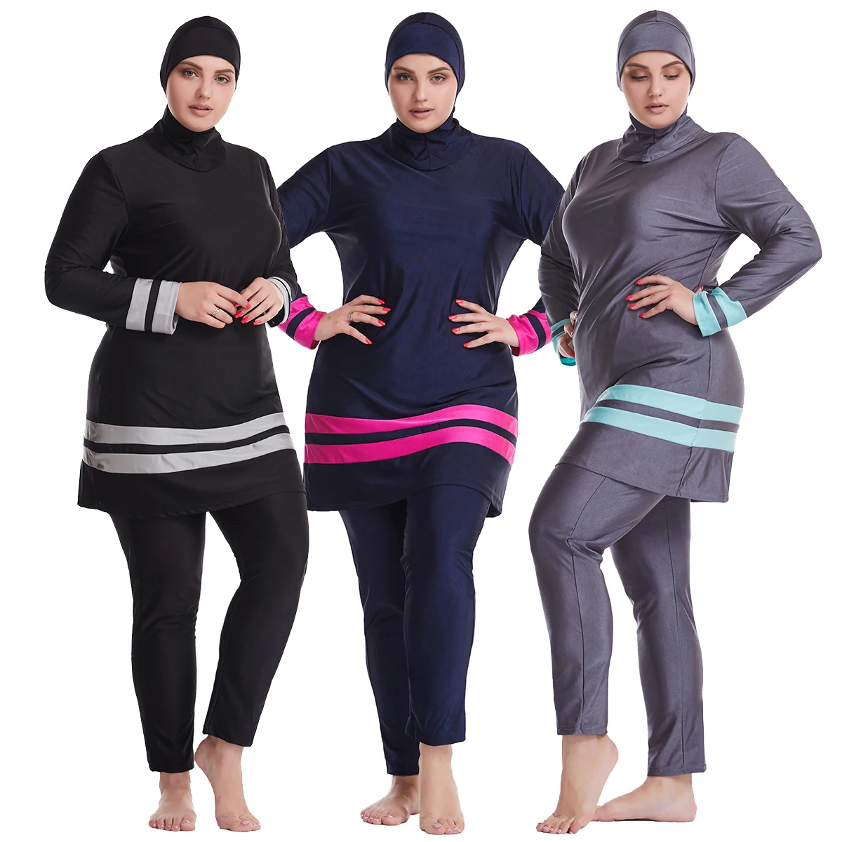 XL-6XL Muslim Women Plus Size Swimsuit Burkini Islamic Ladies Modest Quick Dry Swimming Clothes With Hijab Big Stripes